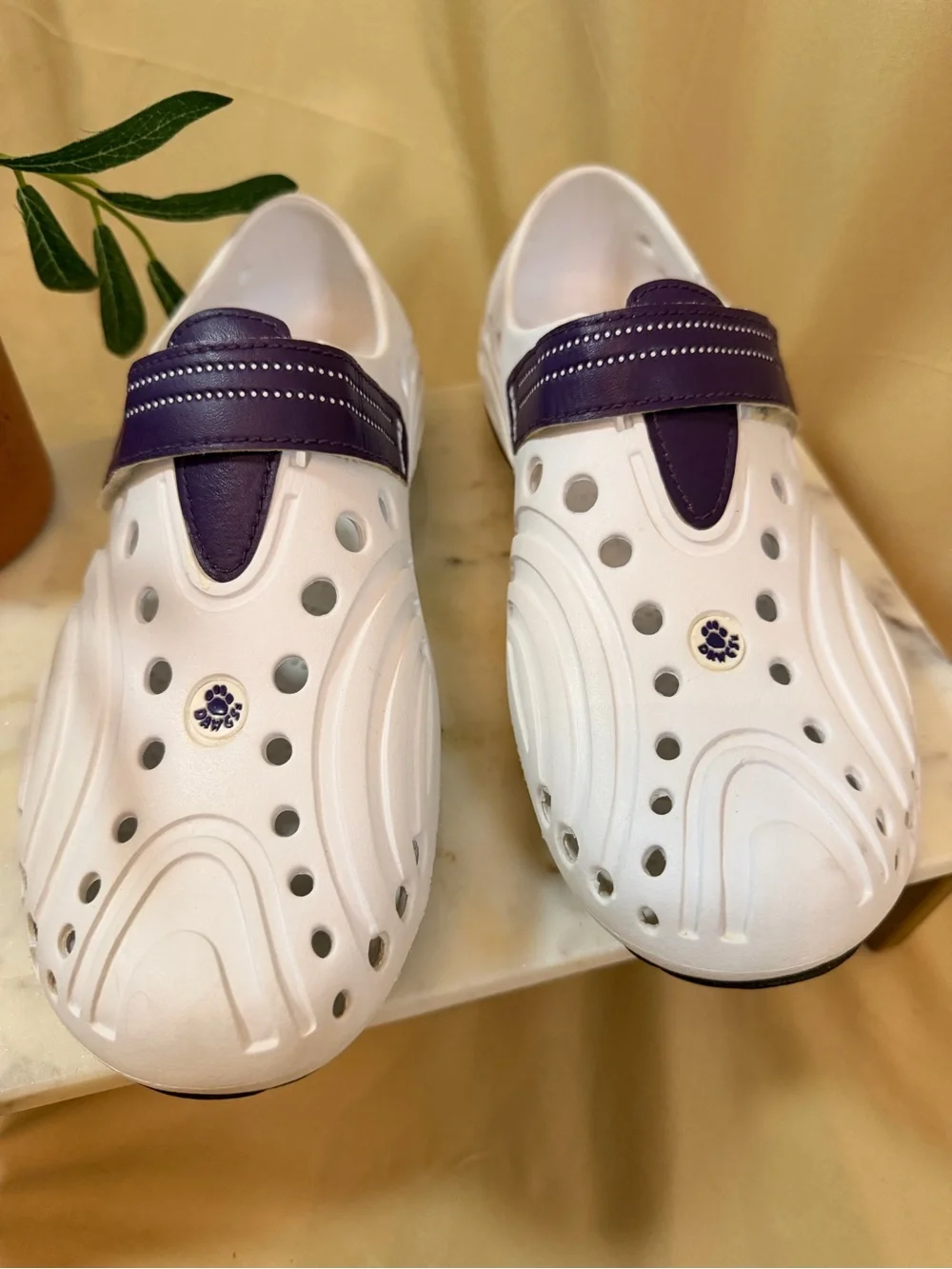 Dawgs White Clog with Purple Strap and Paw Accent